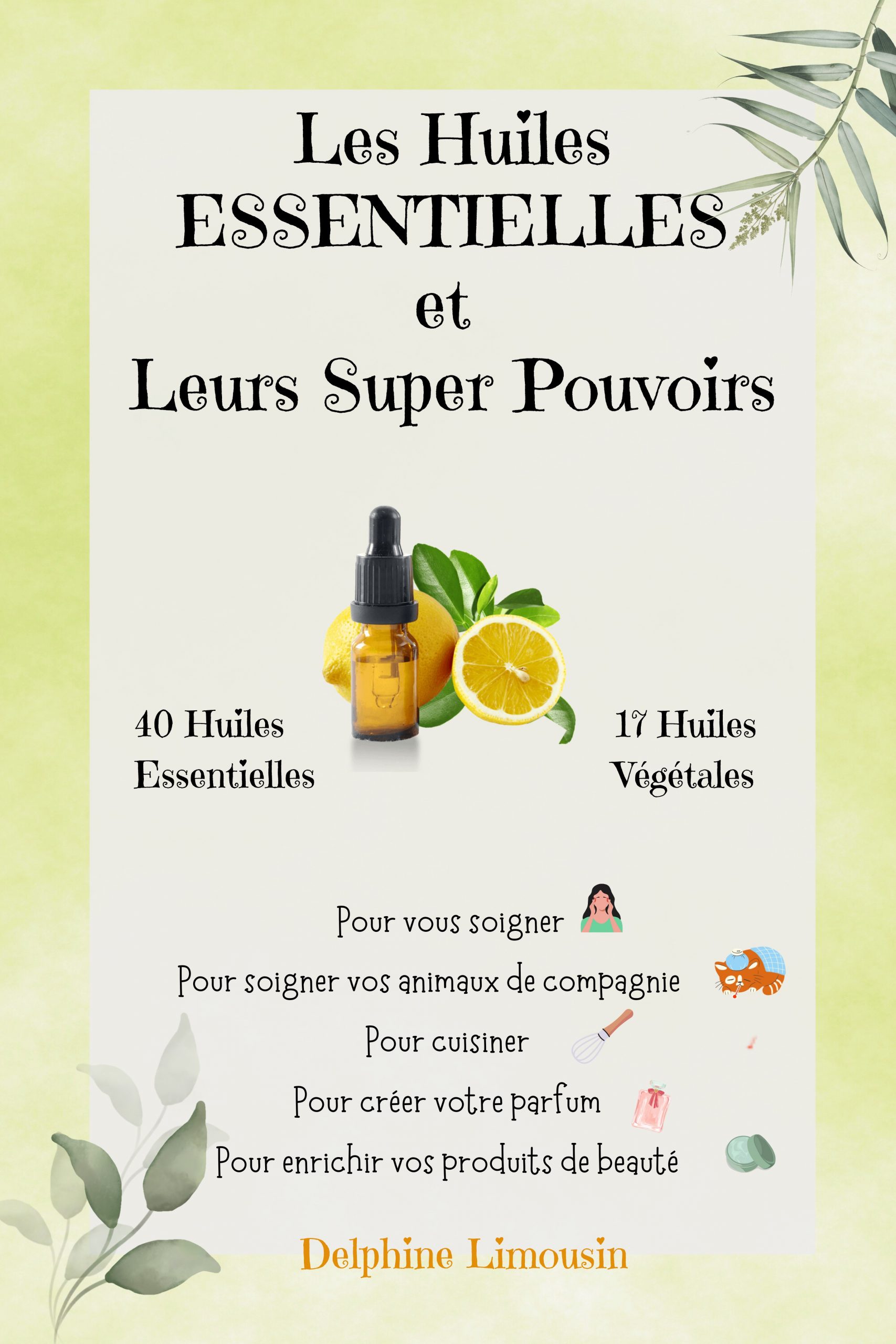 couverture fond blanc bord vert flacon huile essentielle avec citron
